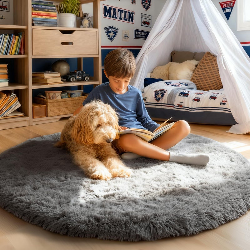 PAGISOFE Round Rugs 5Ft, Grey Circle Rugs for Living Room Kids Bedroom, Fluffy Carpets for Bedroom Boys, Indoor Shaggy Rugs Small Teepee Furry Mat, Comfy Reading Rug for Girls Boys Baby Room - Image 3